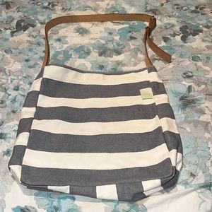 See Design Blue & White Striped Canvas & Leather Messenger Style Tote Bag BNNT